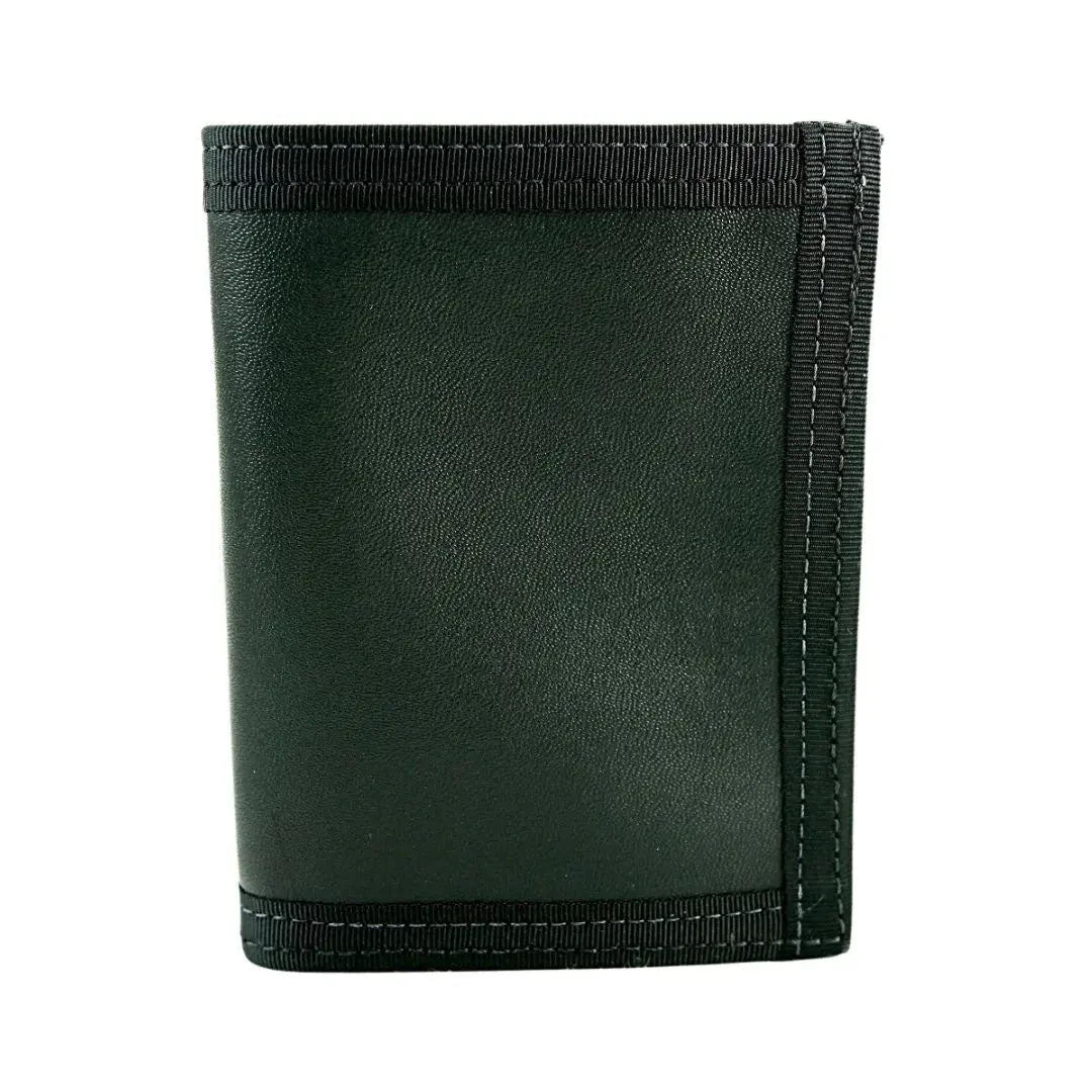Dark green leather wallet with black stitching and binding.