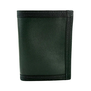 Dark green leather wallet with black stitching and binding.