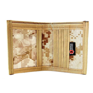 Desert camouflage bifold wallet with tan binding and a "Recycled Firefighter" patch