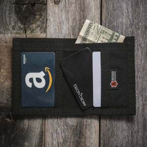 Black fabric wallet with Amazon gift card, Micro Notes card, cash, and Recycled Firefighter logo.