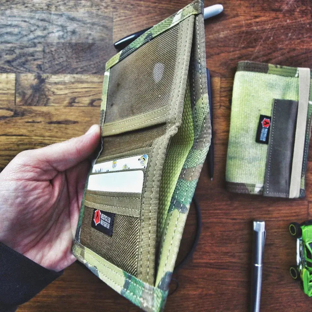 Person holding a camouflage wallet with combat leather details, next to other items.