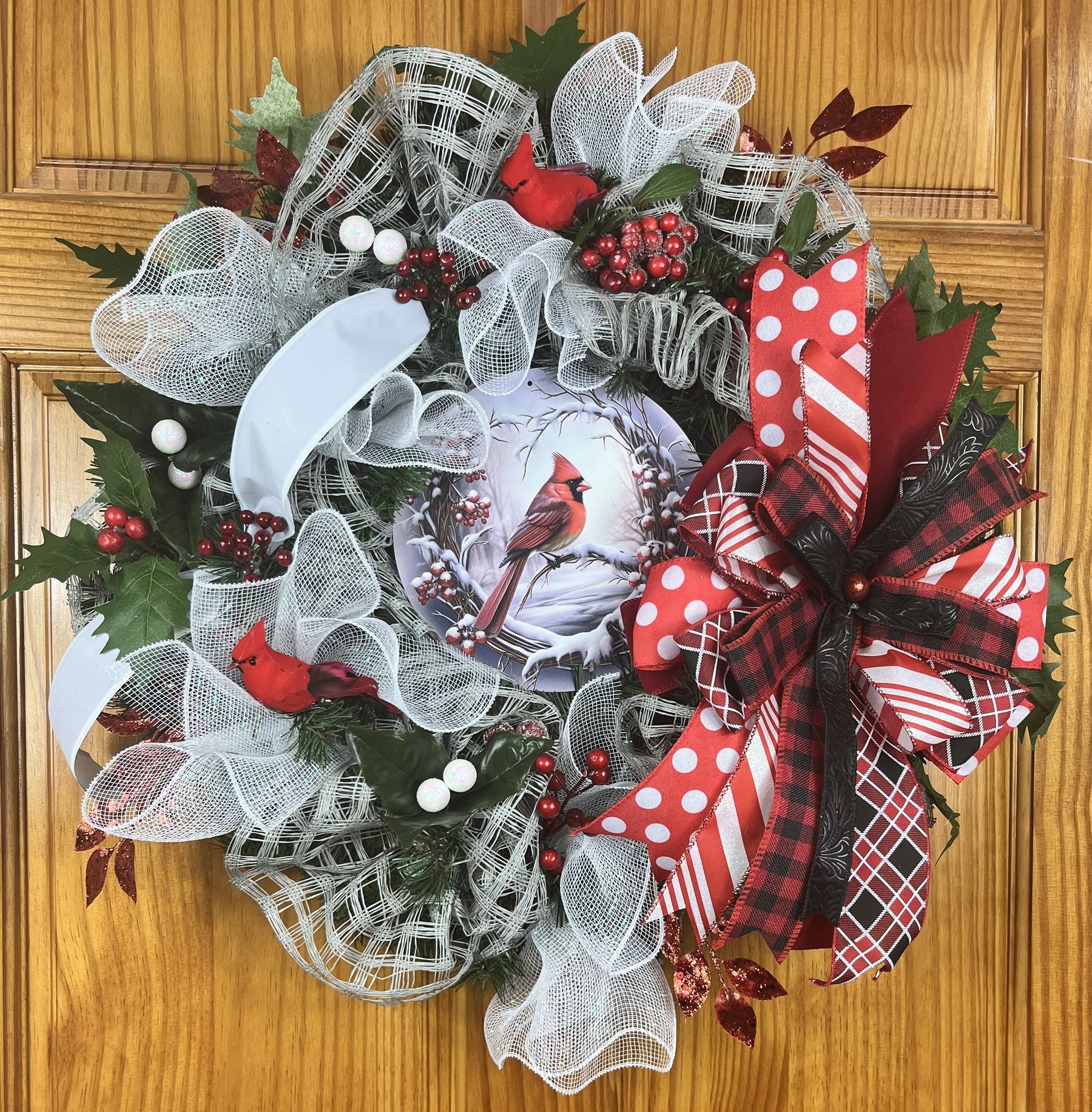 Winter Cardinal Wreath | Handmade Christmas Front Door Wreath | Red Cardinal Holiday Decor | Buffalo Plaid Winter Door Hanger