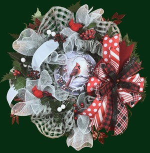 Winter Cardinal Wreath | Handmade Christmas Front Door Wreath | Red Cardinal Holiday Decor | Buffalo Plaid Winter Door Hanger