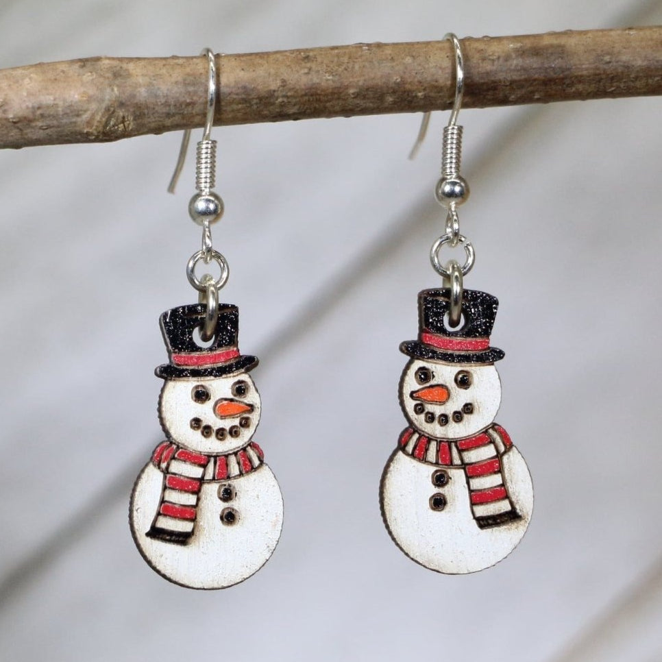 Carrot Nose Snowman Wooden Dangle Earrings | Christmas Jewelry