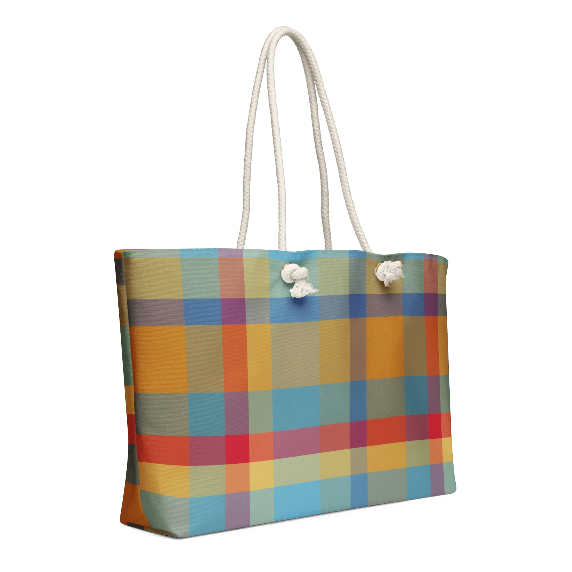 Oversized Plaid Weekender Bag with Rope Handles - Leslie Gonce Design Tote Bag for Travel and Fashionable Storage