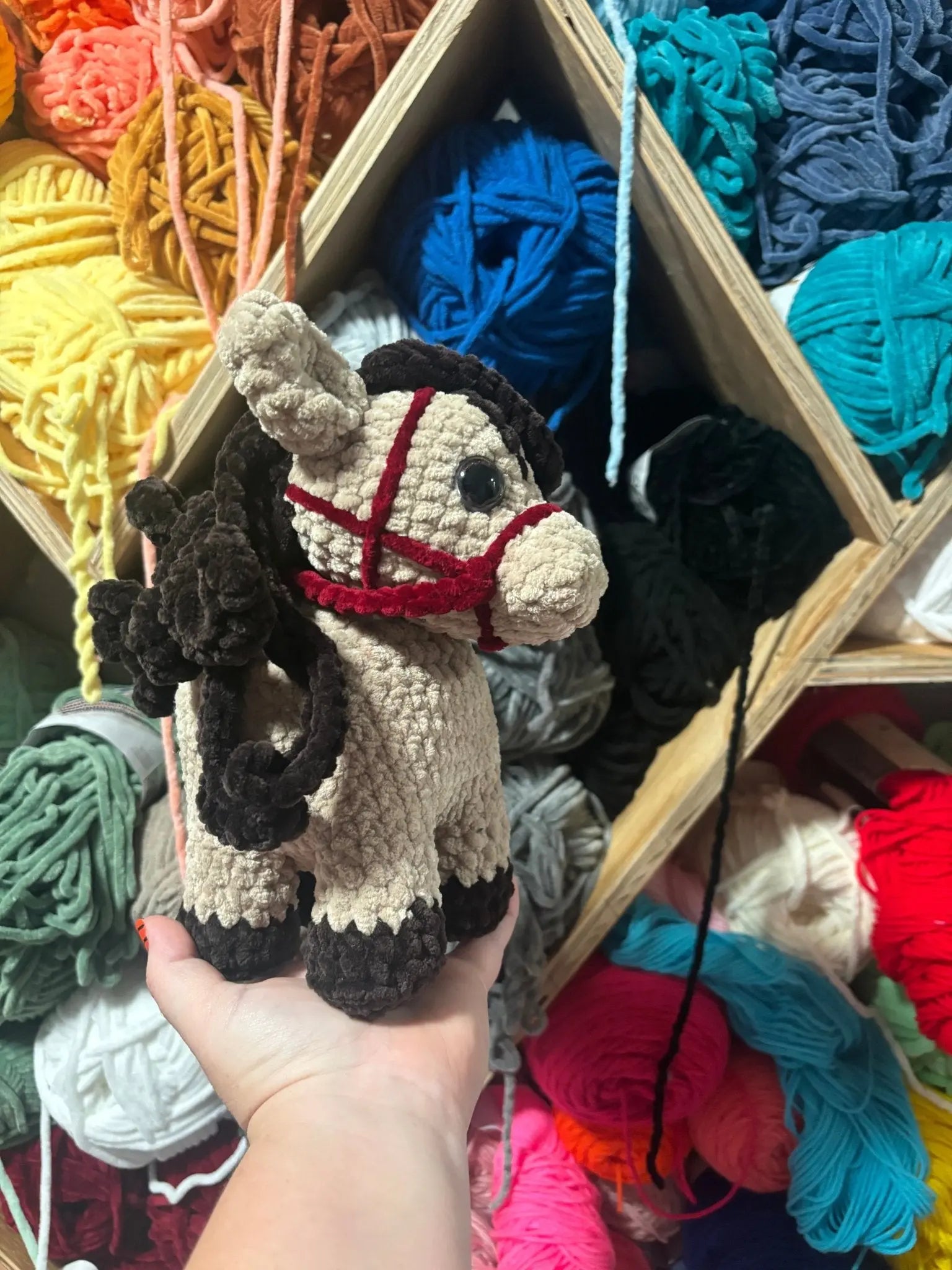 Handmade crochet horse plushie - Beige & brown yarn horse toy by Main Street Collective. Cute equestrian gift for horse lovers!