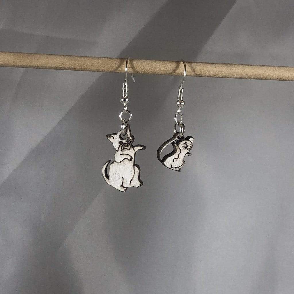 Cat and Mouse Wooden Dangle Earrings | Mismatched Animal Jewelry