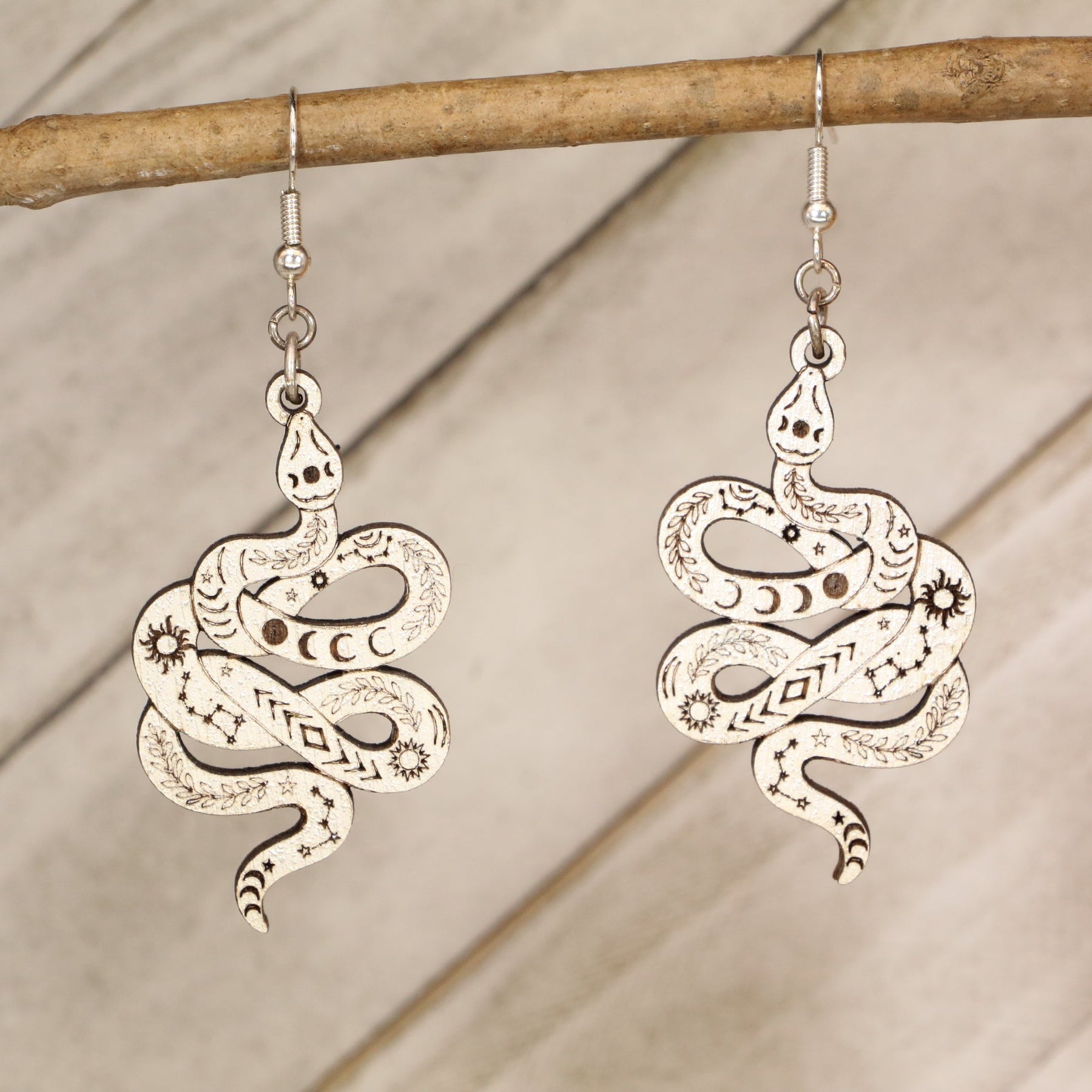 Celestial Snake Wooden Dangle Earrings | Mystical Boho Jewelry