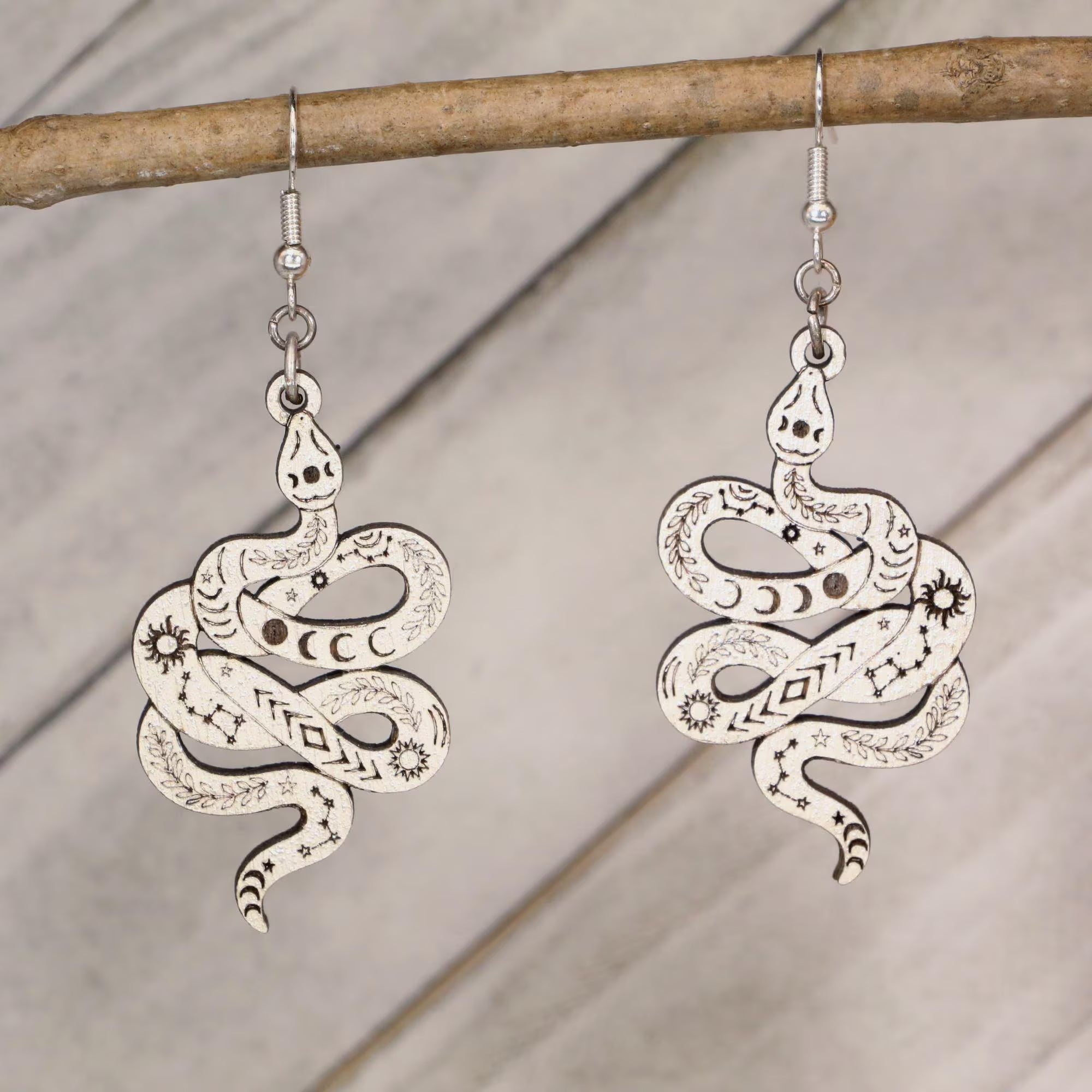 Celestial Snake Wooden Dangle Earrings | Mystical Boho Jewelry detail view by Cate's Concepts, LLC