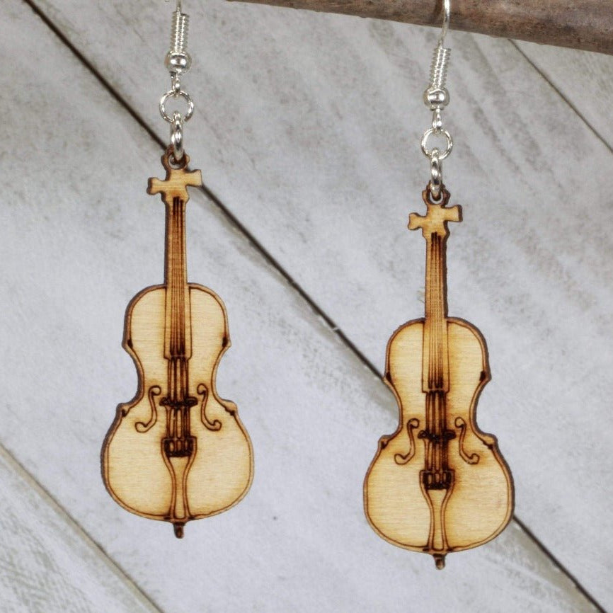 Cello Wooden Dangle Earrings | Music Instrument Jewelry by Cate's Concepts, LLC, handmade jewelry main product photo