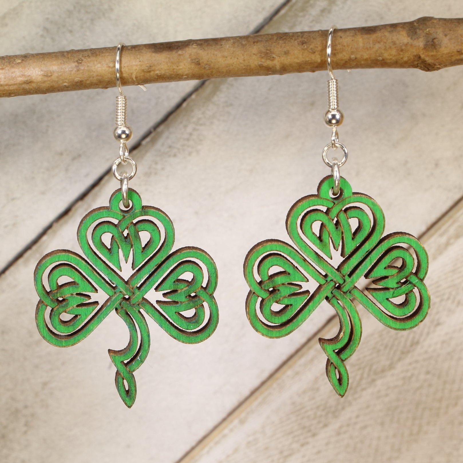 Celtic Shamrock Wooden Dangle Earrings | Irish Clover Jewelry