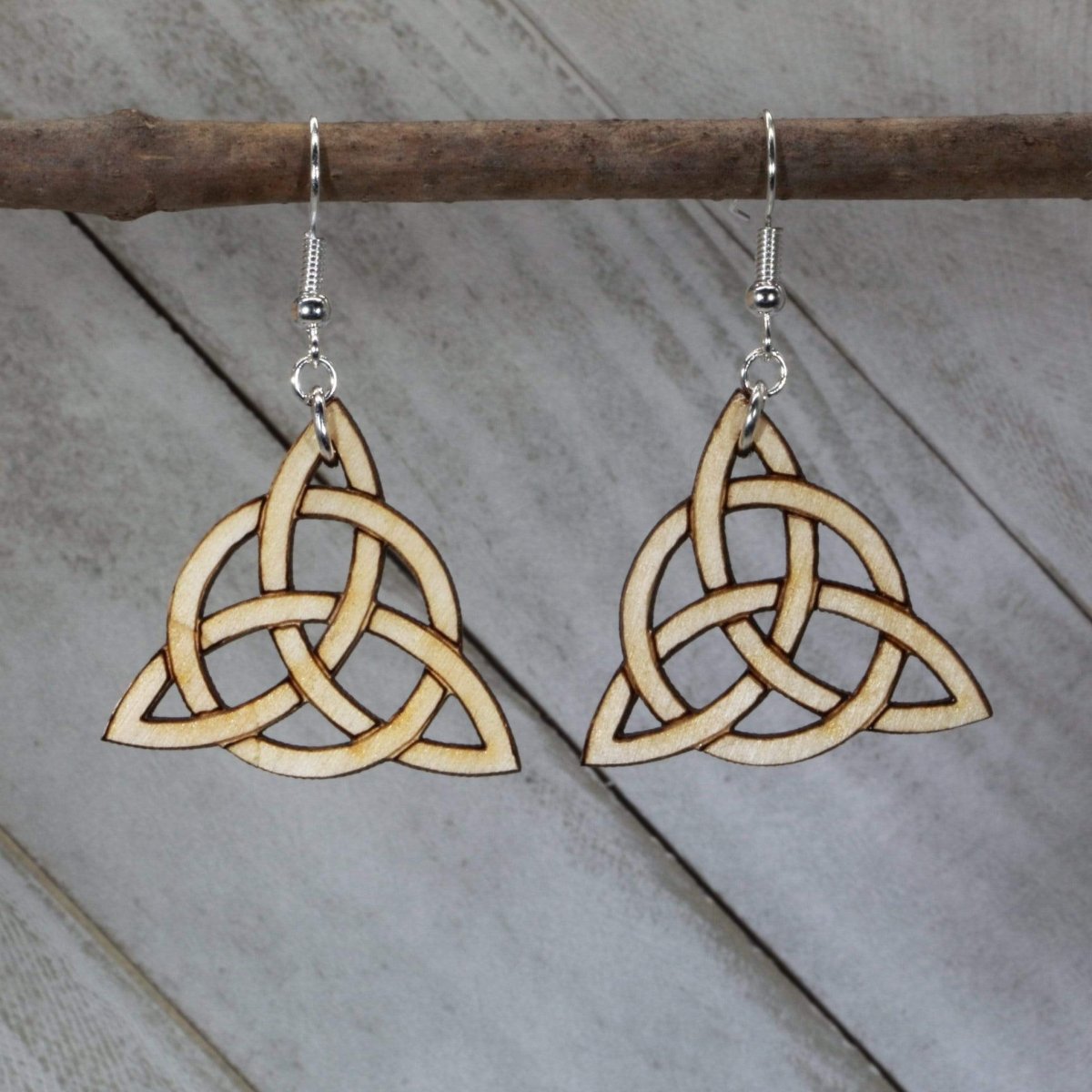 Celtic Trinity Knot Wooden Earrings | Irish Symbol Jewelry detail view by Cate's Concepts, LLC