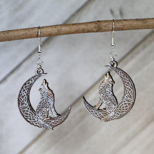 Celtic Wolf Moon Wooden Dangle Earrings | Norse Mythology Jewelry detail view by Cate's Concepts, LLC