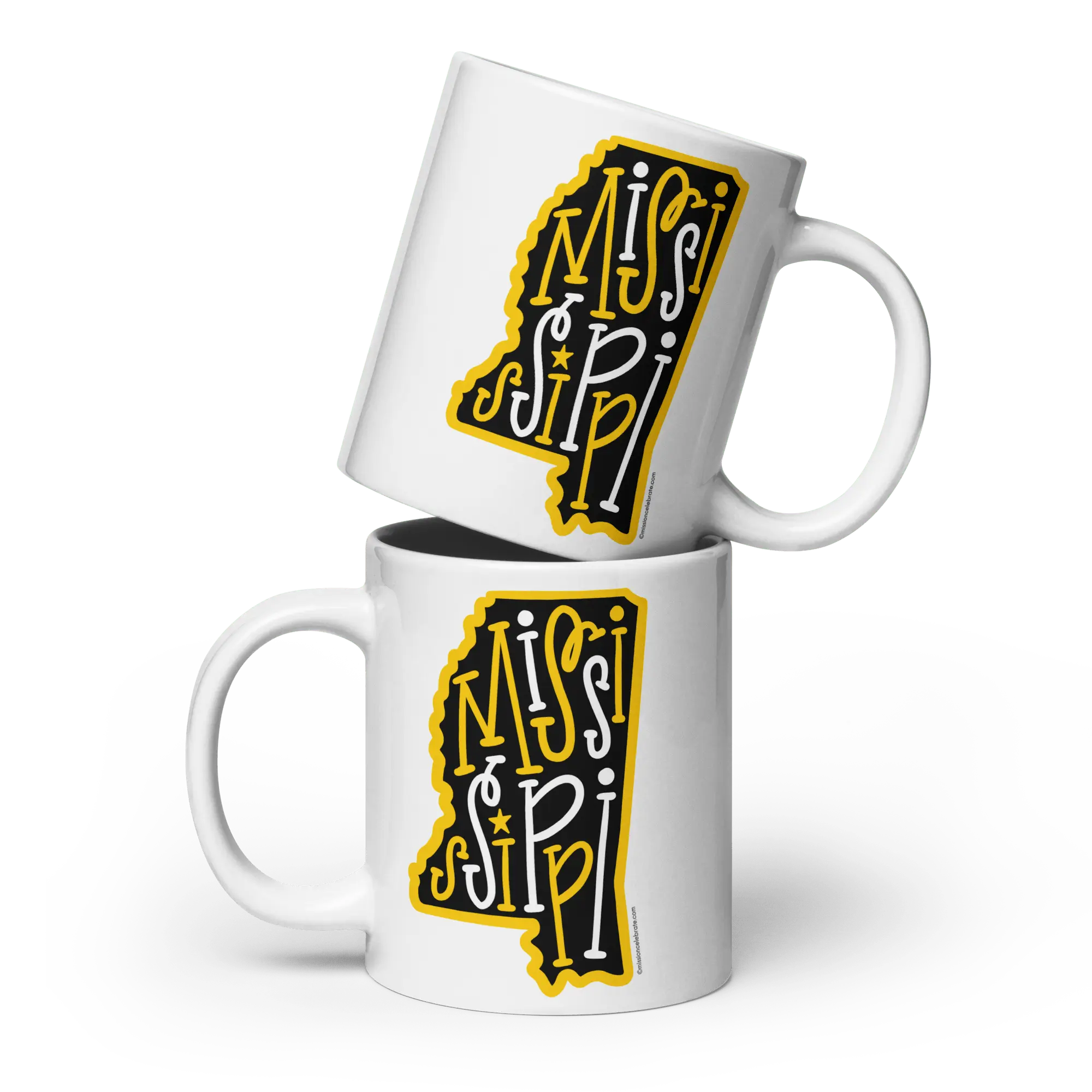 Mississippi Pride Mug Set: Ceramic Mugs with Bouncy Letters, Black & Gold, Hand-Drawn Design.