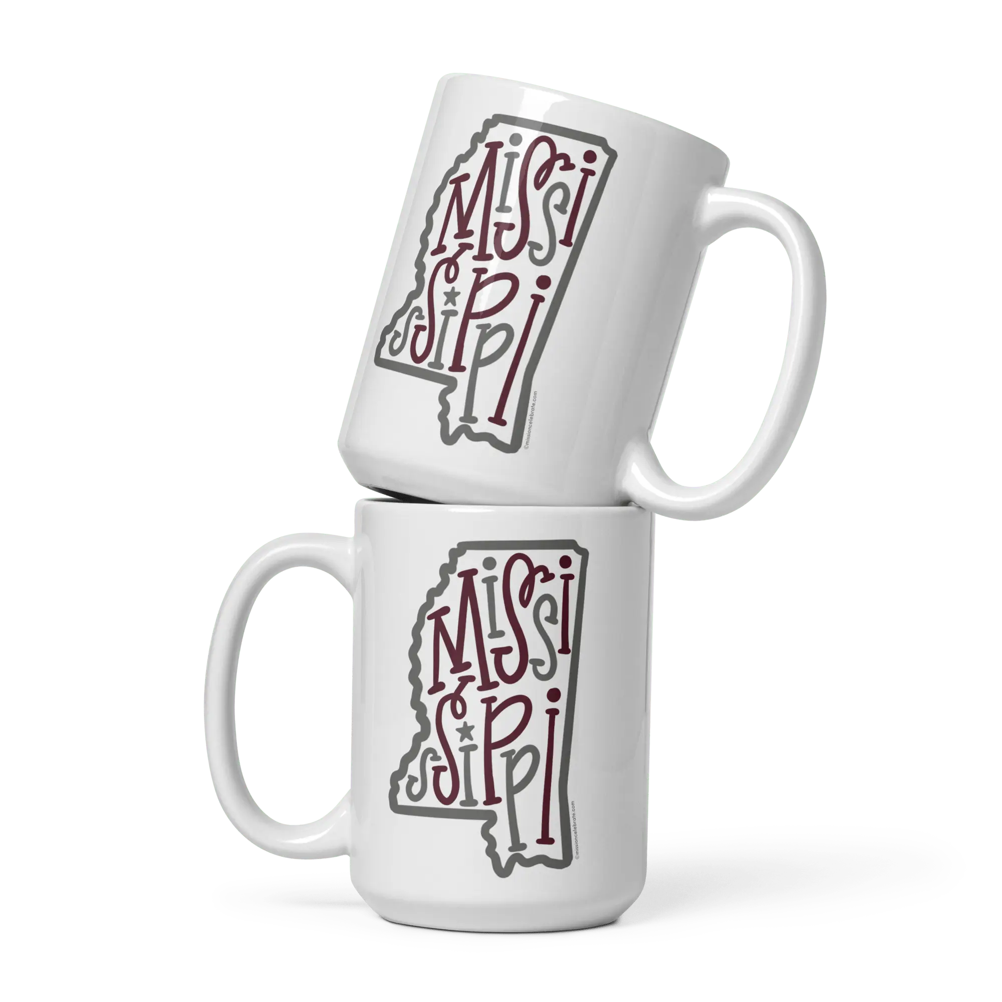 Stacked Mississippi Mugs - State Pride Gift - Maroon & Gray Lettering - Coffee Cups