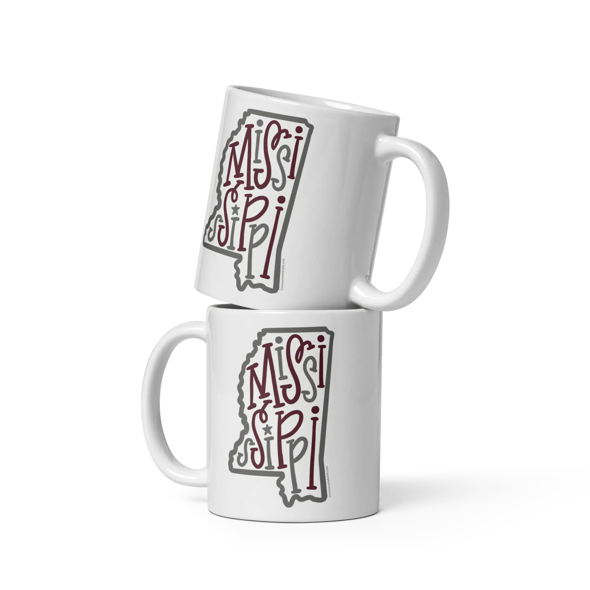 Stacked Mississippi Mugs: White ceramic coffee mugs with maroon & gray bouncy letter state design. Dishwasher & microwave safe.
