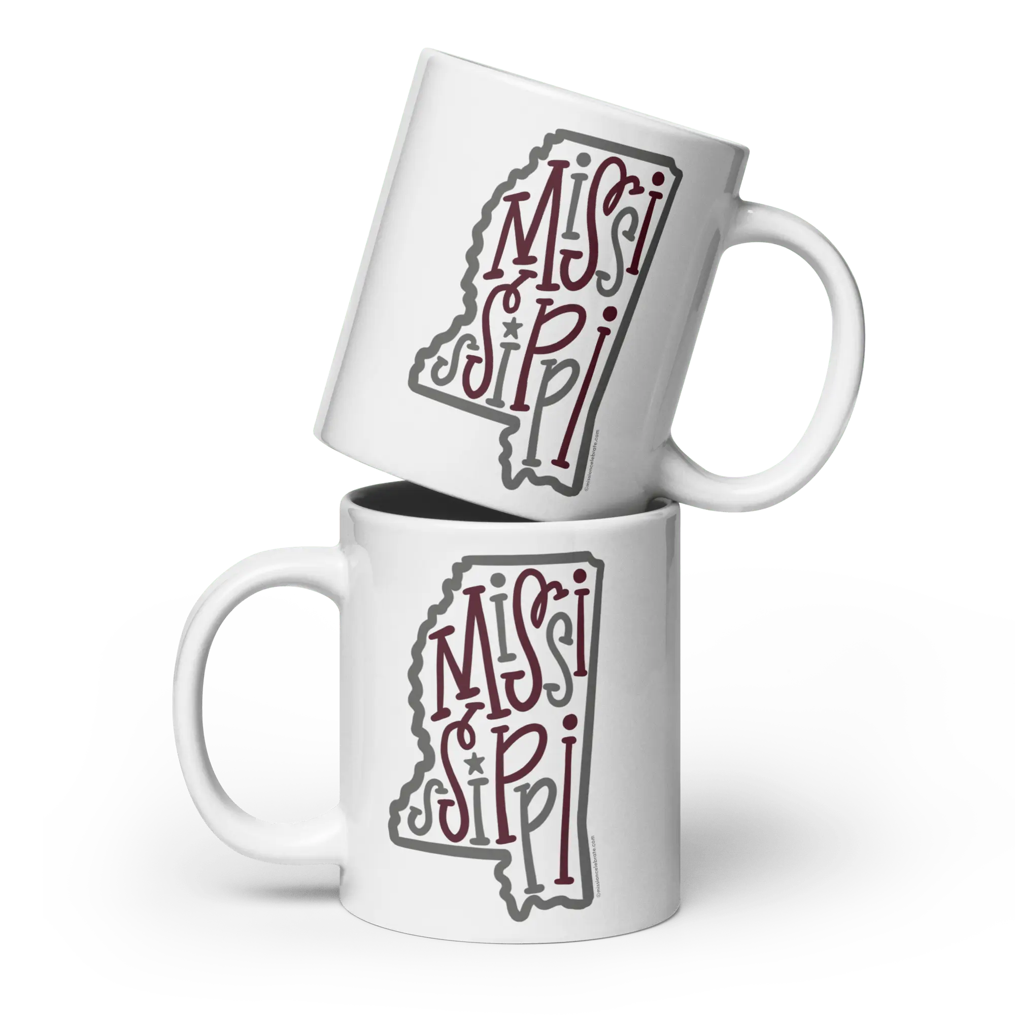 Mississippi State Mug Set: Stacked Ceramic Cups with Maroon & Gray Hand-drawn Lettering - Unique Gift for Coffee Lovers