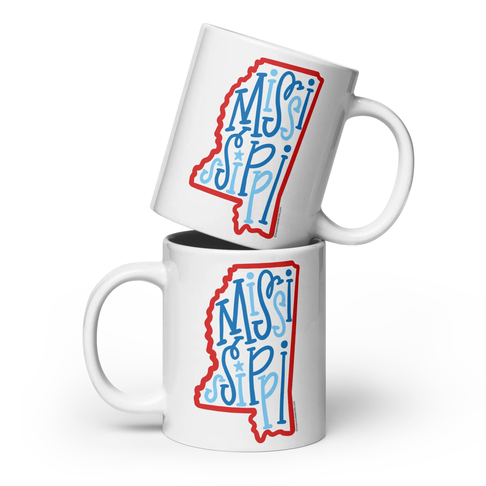 Stacked Mississippi Mugs: Ceramic, Hand-Drawn State Outline with Playful Lettering - Red and Blue Design