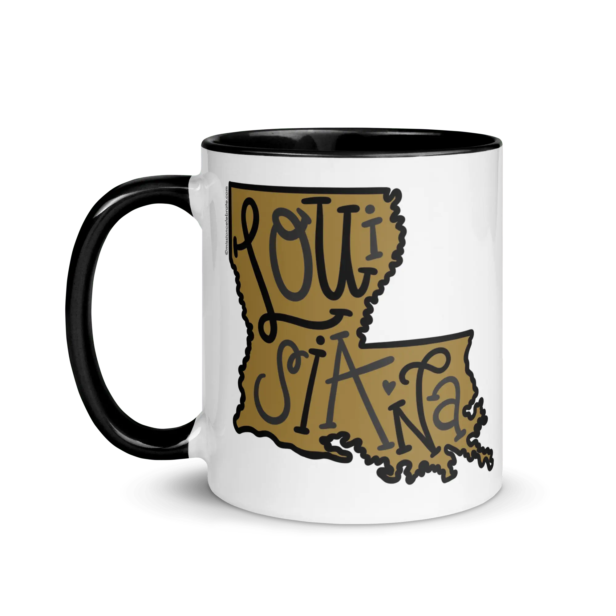 Louisiana State Mug: Black handle ceramic mug with hand-drawn lettered Louisiana art, a unique gift from Main Street Collective.
