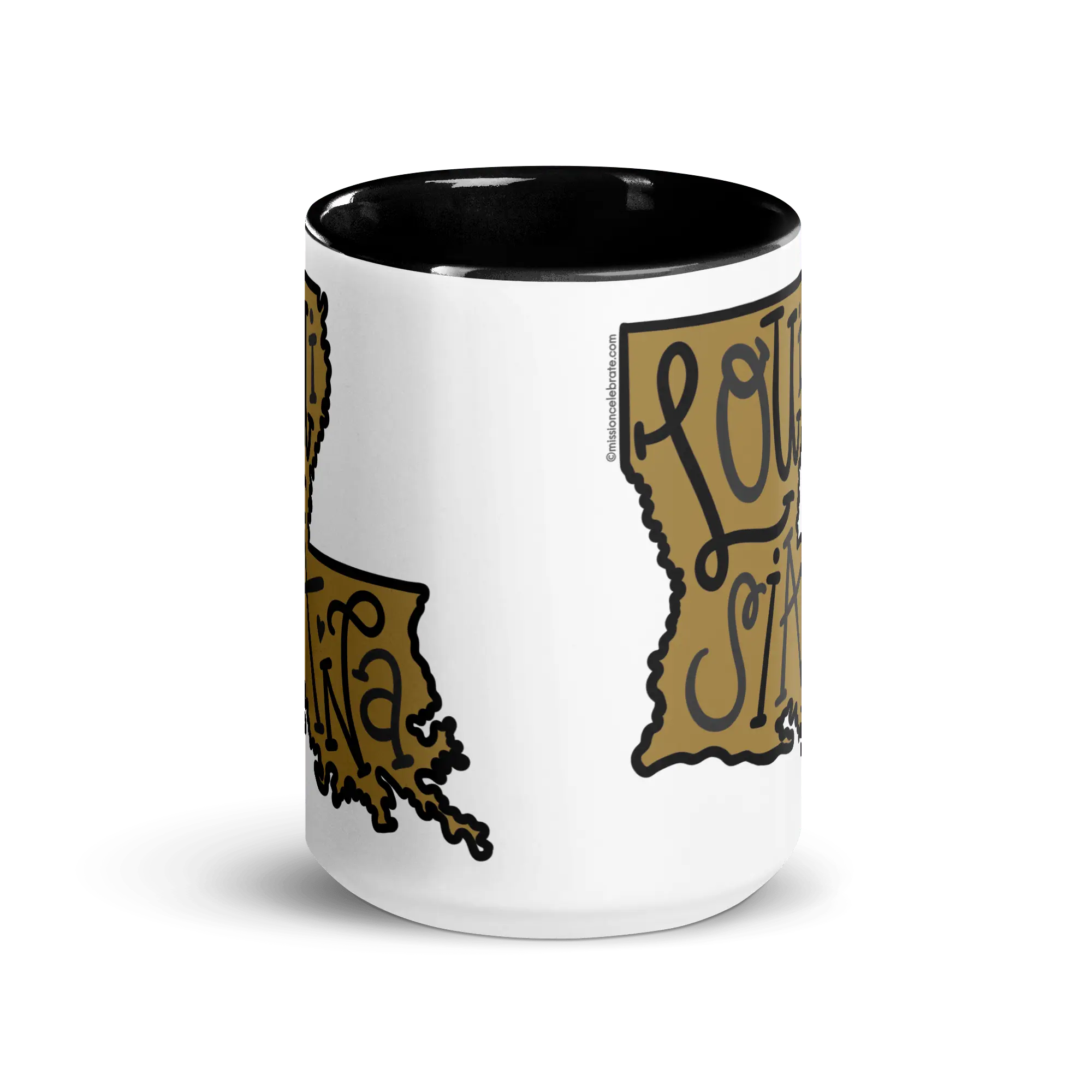 Louisiana State Mug: Black & Gold Ceramic Cup with Hand-drawn Lettering - A unique Louisiana gift!
