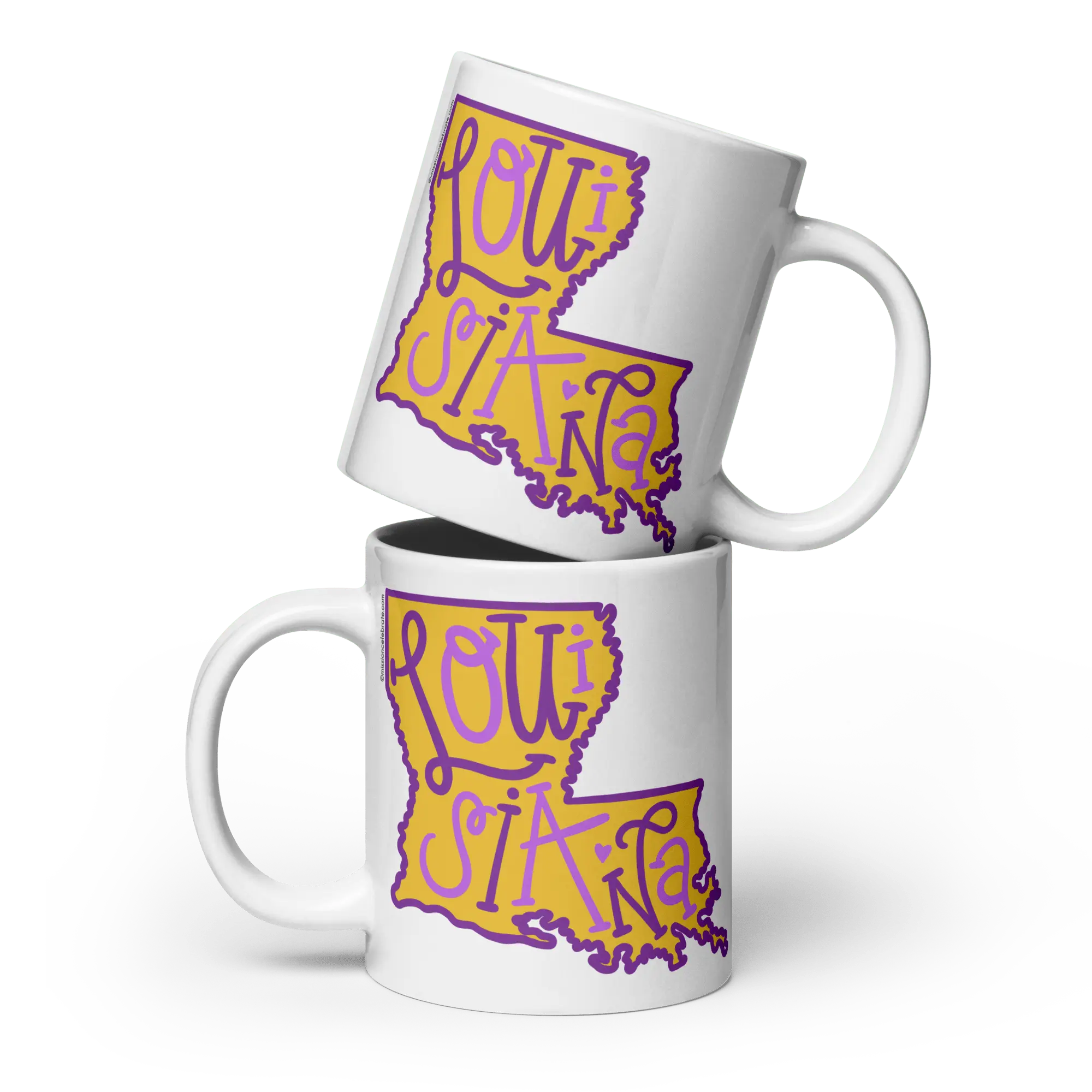 Ceramic Mug with Louisiana Bouncy Letters Handdrawn Art (purple & gold) Mission Celebrate
