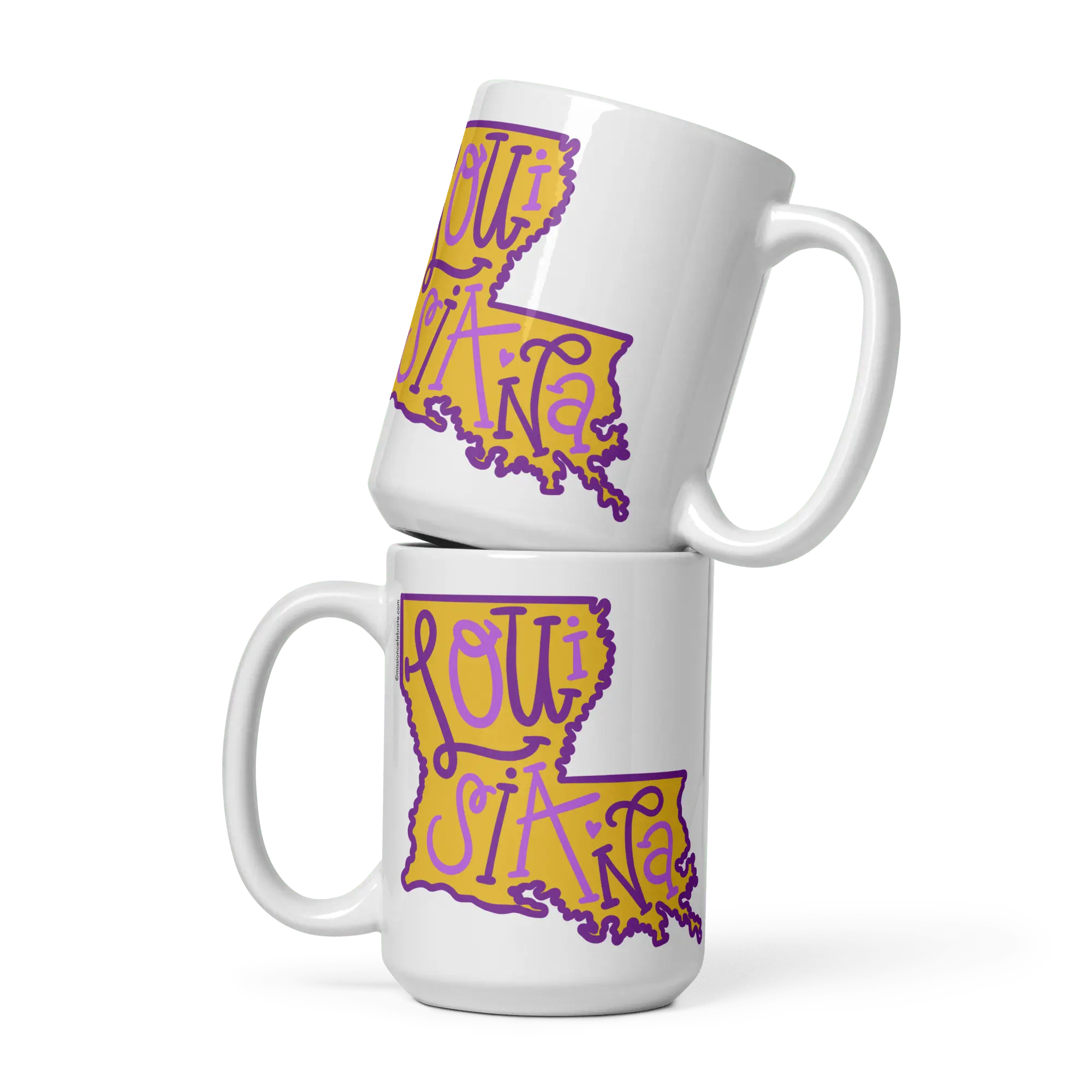 Ceramic Mug with Louisiana Bouncy Letters Handdrawn Art (purple & gold) Mission Celebrate