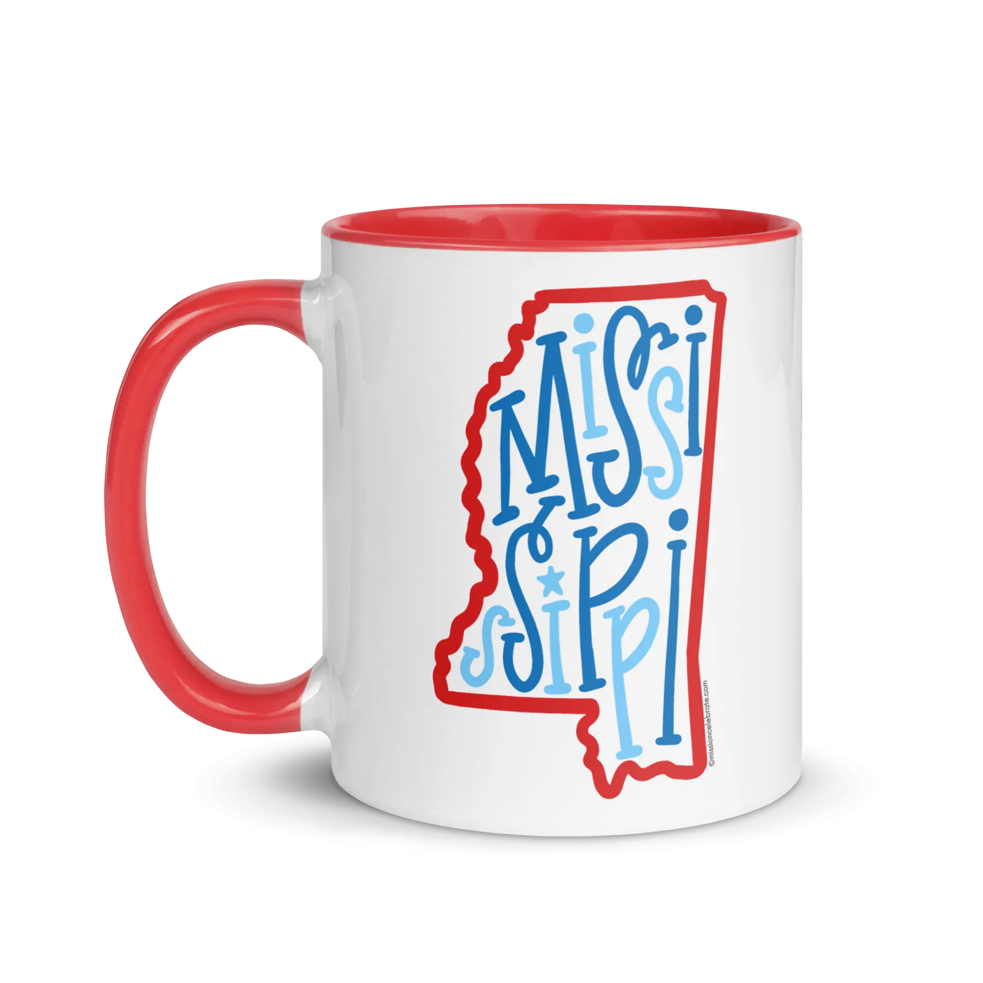 Mississippi Mug: Red & Blue Bouncy Letter Art. Ceramic coffee cup with state outline and hand-drawn lettering. Gift idea!