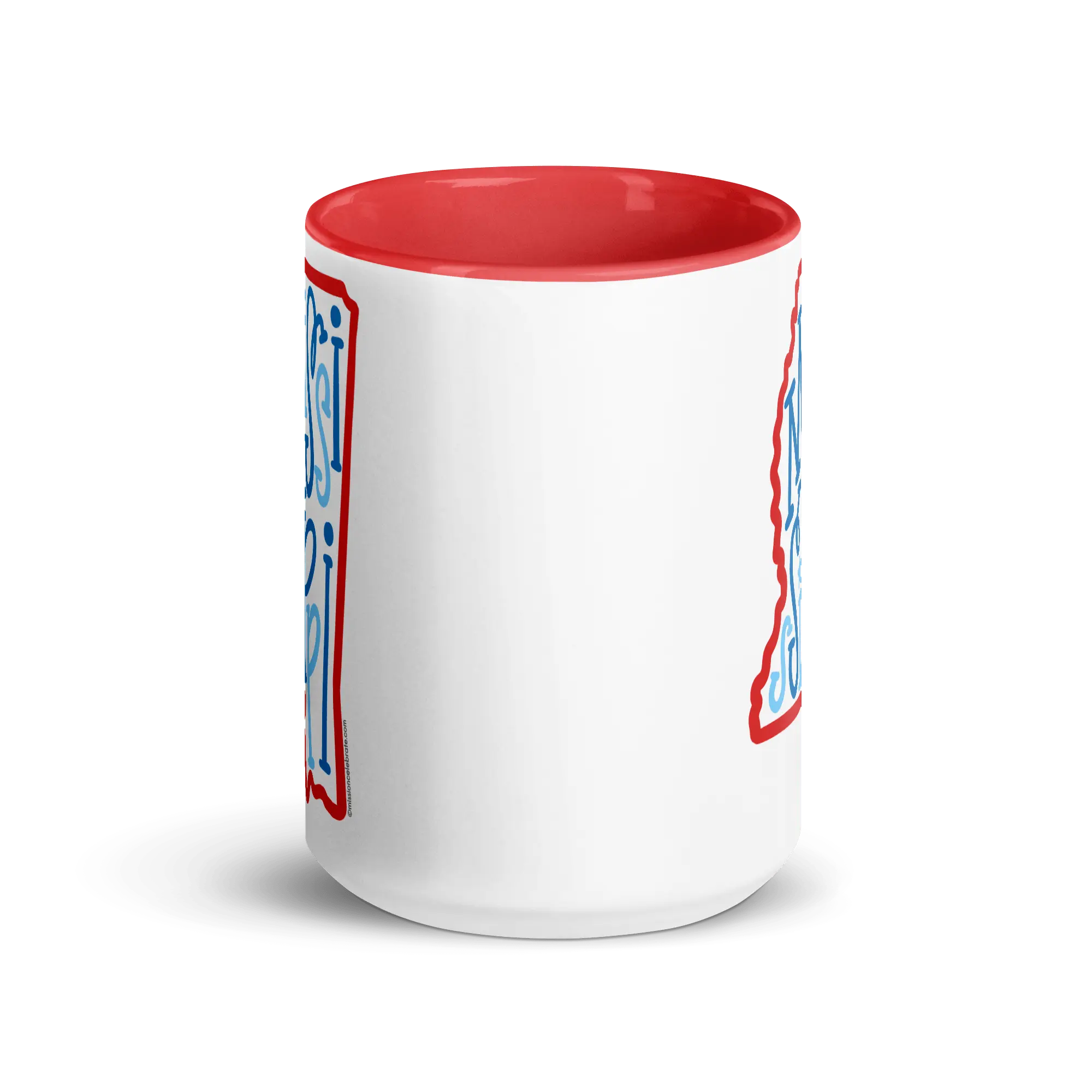 Mississippi Mug, Ceramic Coffee Cup, Red and Blue Lettering, Bouncy Hand-Drawn Art