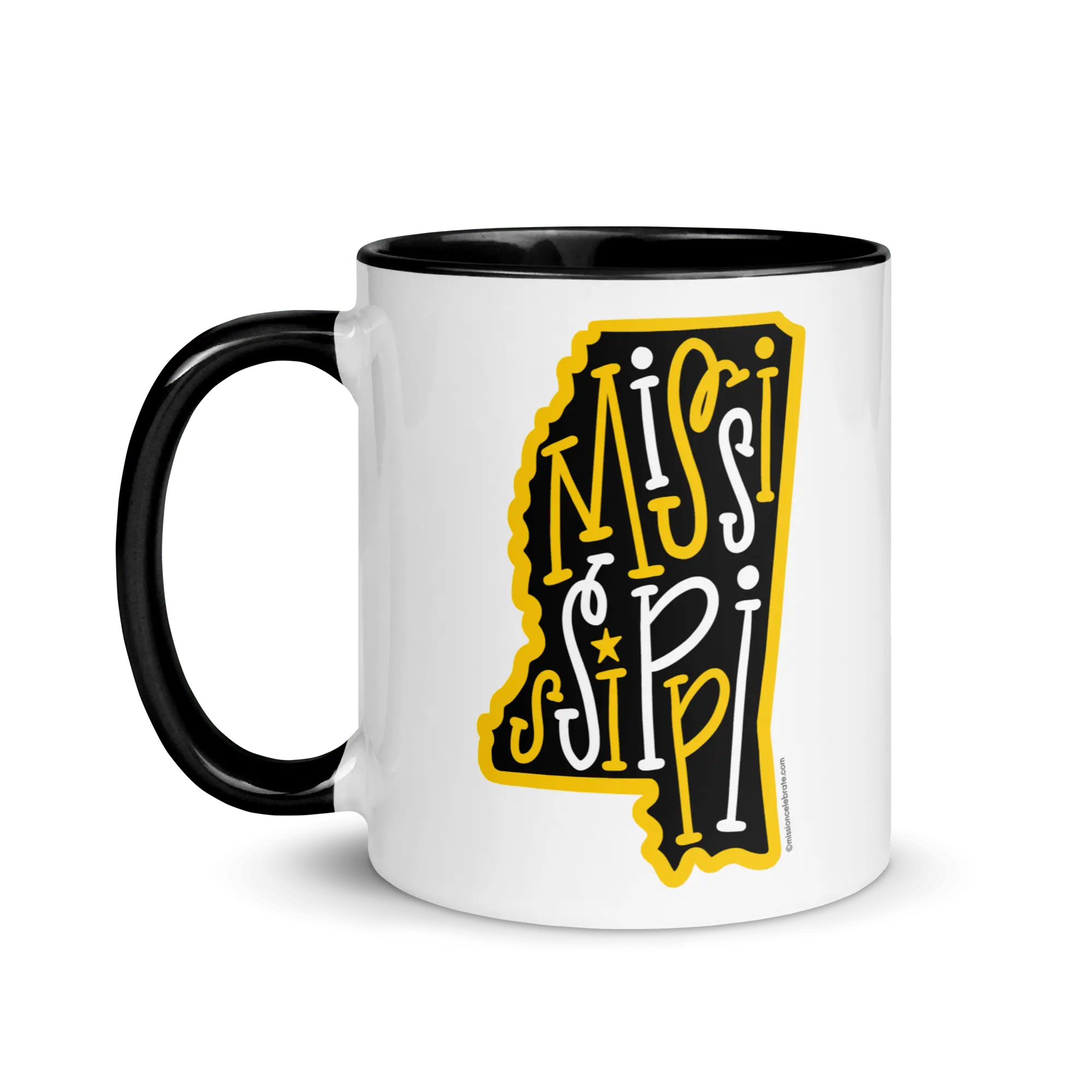Mississippi State Mug - Ceramic Coffee Mug with Bouncy Letter Design - Black and Gold