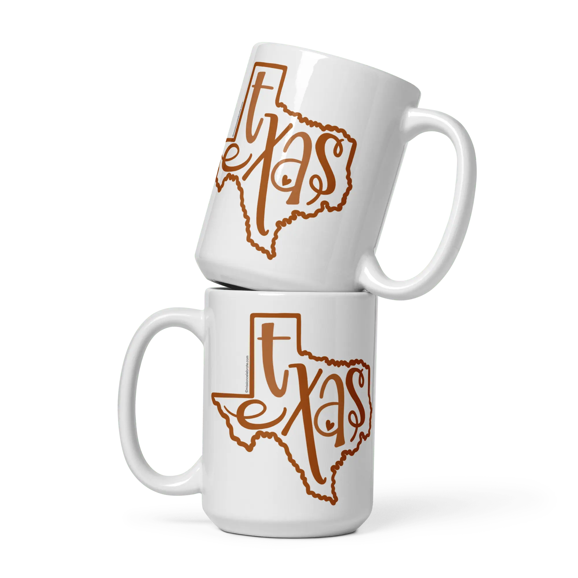 Stacked Texas Mugs: Ceramic Coffee Mugs with Burnt Orange Texas State Lettering Design, Gift Idea