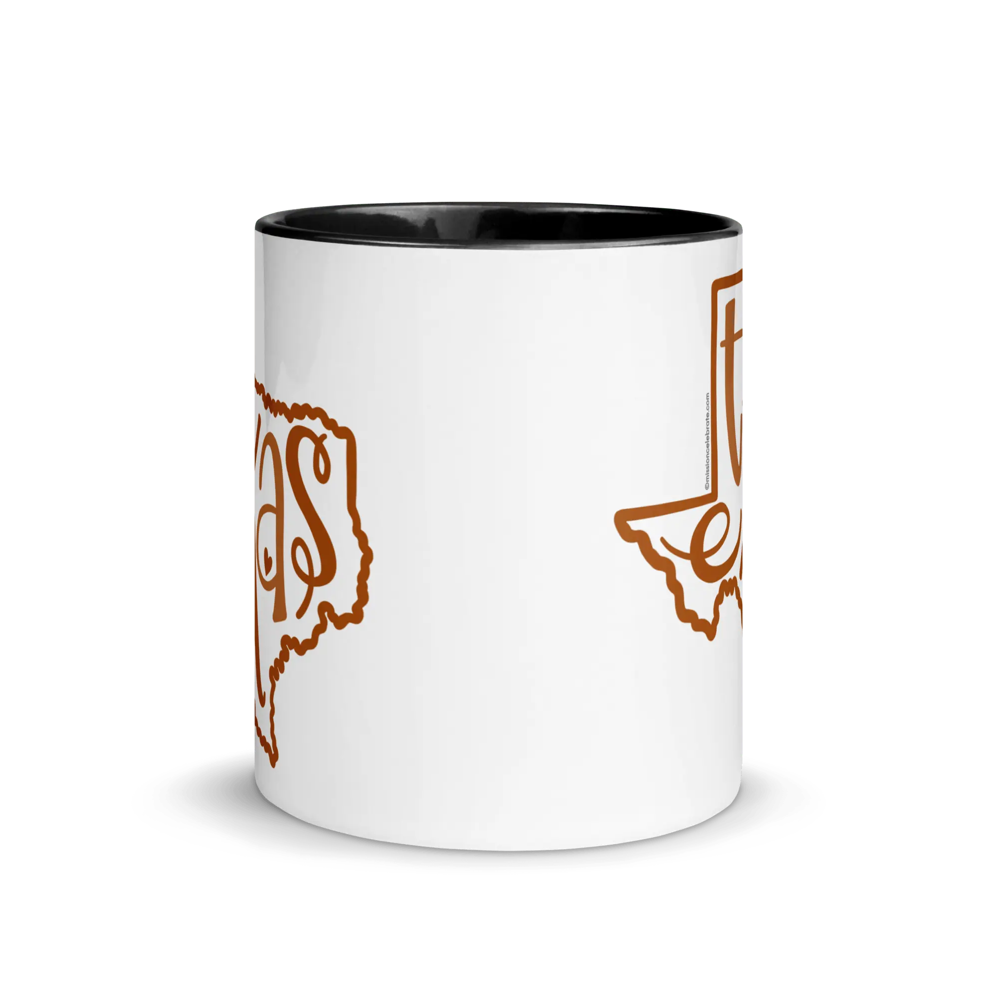 Texas Mug with Bouncy Letters: Hand-drawn burnt orange design, ceramic coffee cup.