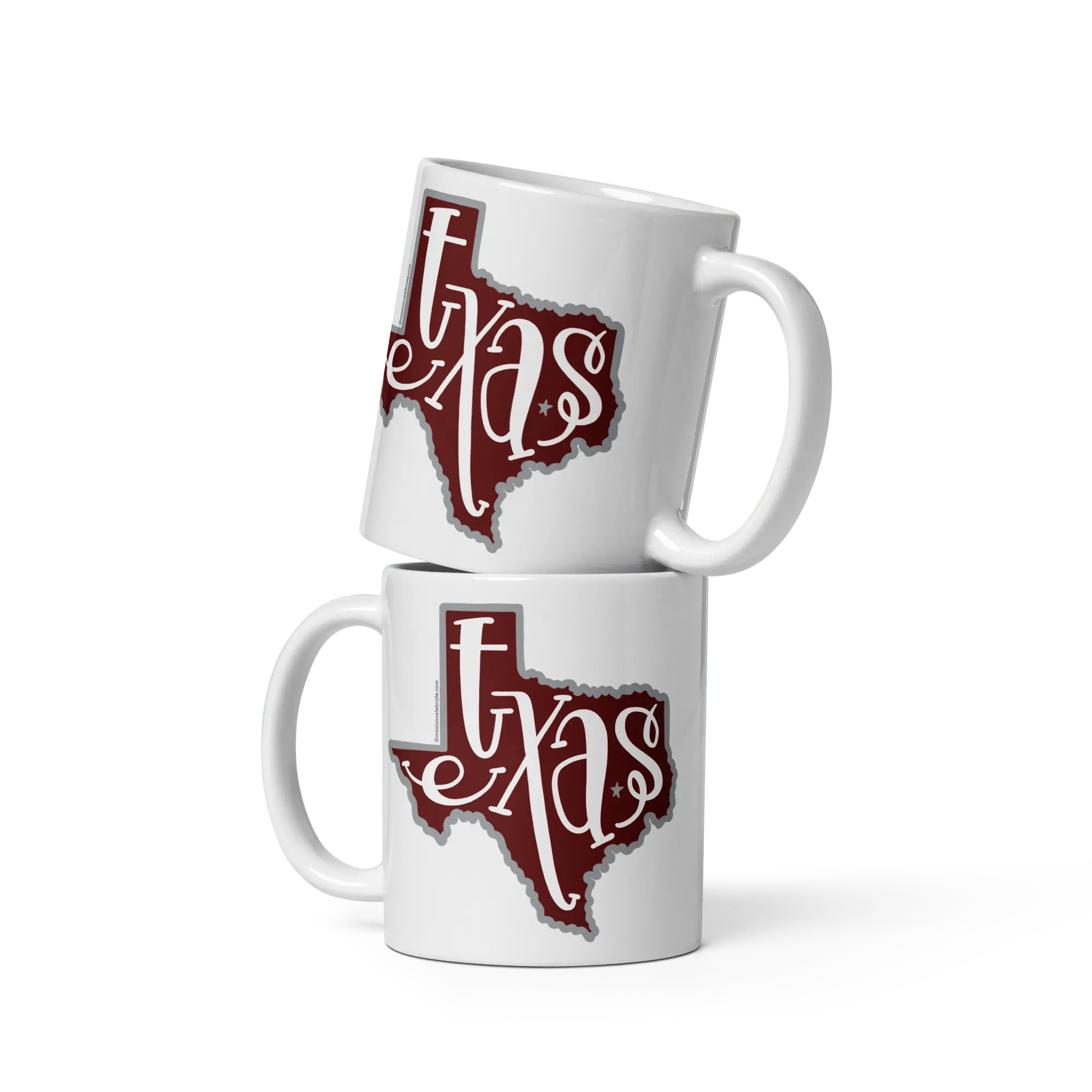 Texas Coffee Mugs Stacked: Maroon and Gray State Shape Ceramic Mug. Texas Pride! Unique Texas Gift Idea. Shop now!