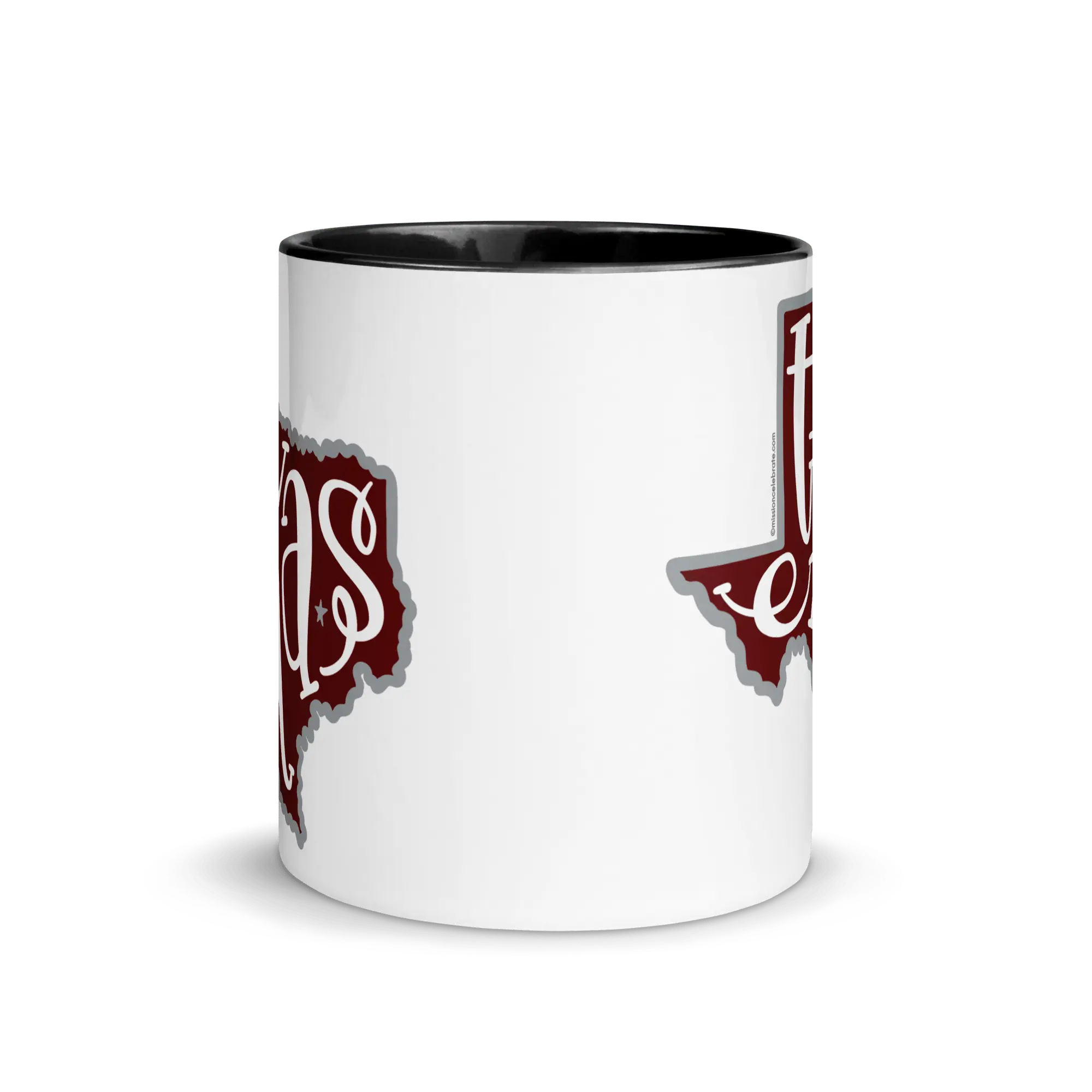 Texas Mug: Maroon & Gray Ceramic Mug with Bouncy Letters Hand-Drawn Art. Celebrate Texas! 