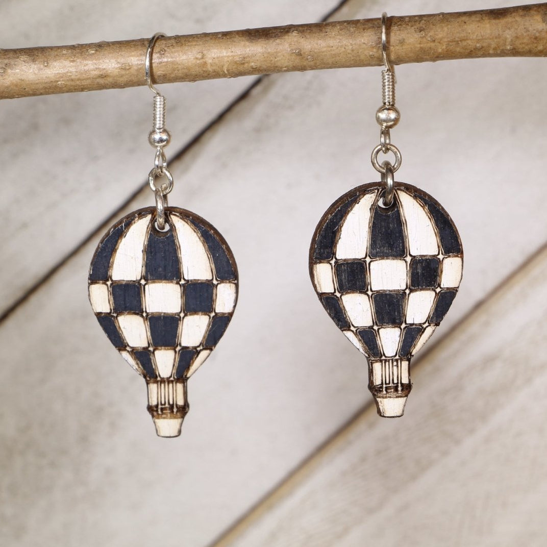 Checkered Hot Air Balloon Wooden Dangle Earrings | Travel Jewelry