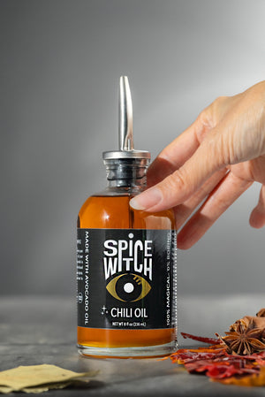 Chili oil bottle with gold spout by Spice Witch