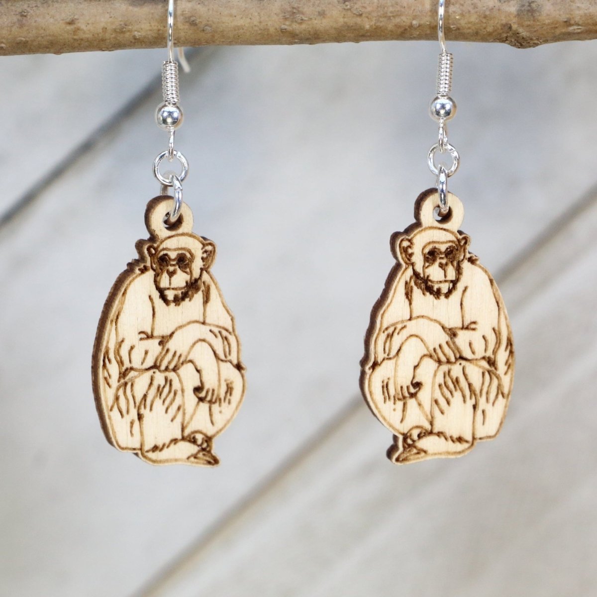 Chimpanzee Wooden Earrings | Primate Wildlife Jewelry