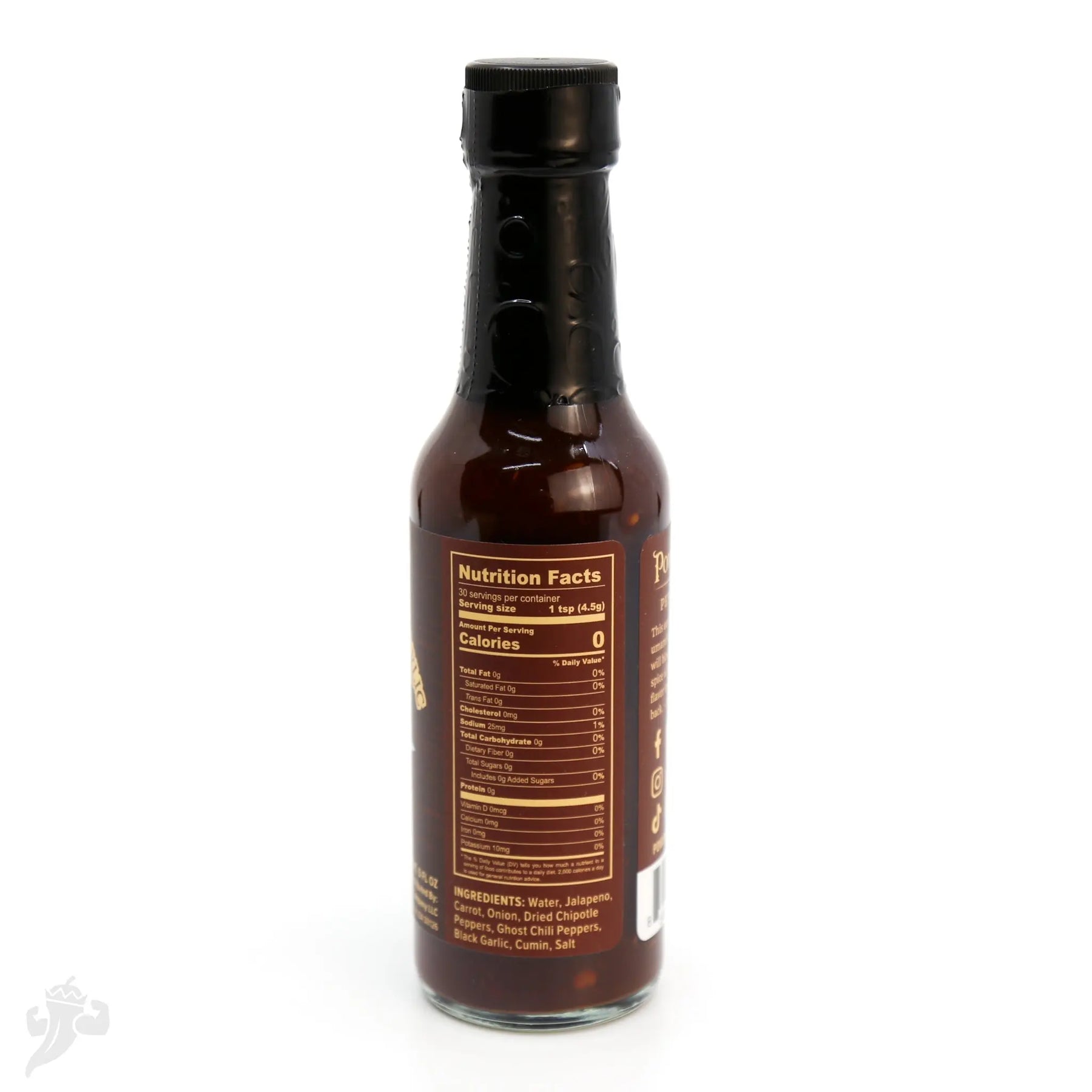 Chipotle Ghost & Black Garlic Hot Sauce bottle with nutrition facts label.