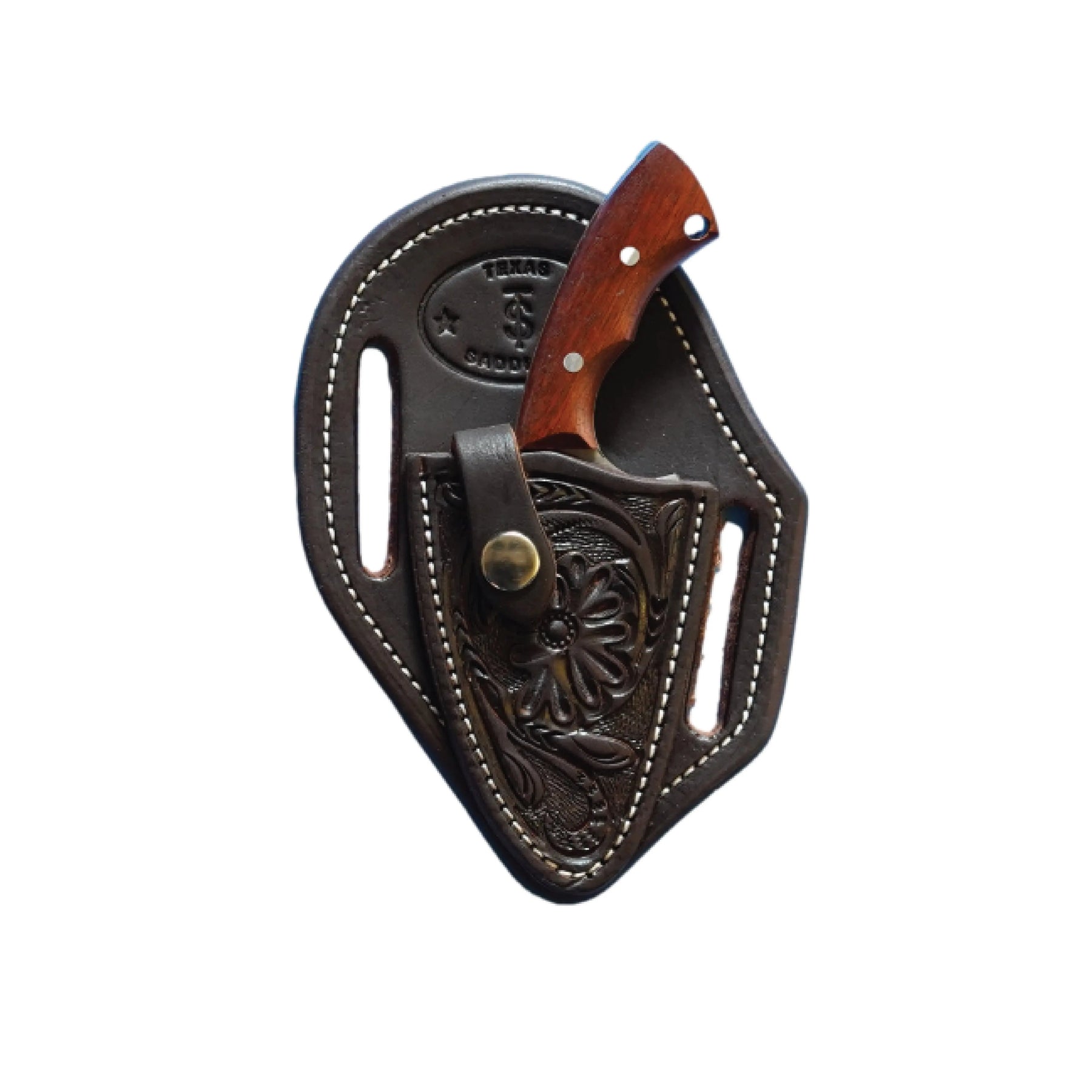 Chocolate Floral Knife Sheath with Knife by Texas Saddlery, leather knife sheath main product photo