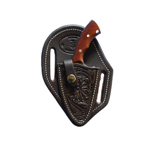 Chocolate Floral Knife Sheath with Knife by Texas Saddlery, leather knife sheath main product photo