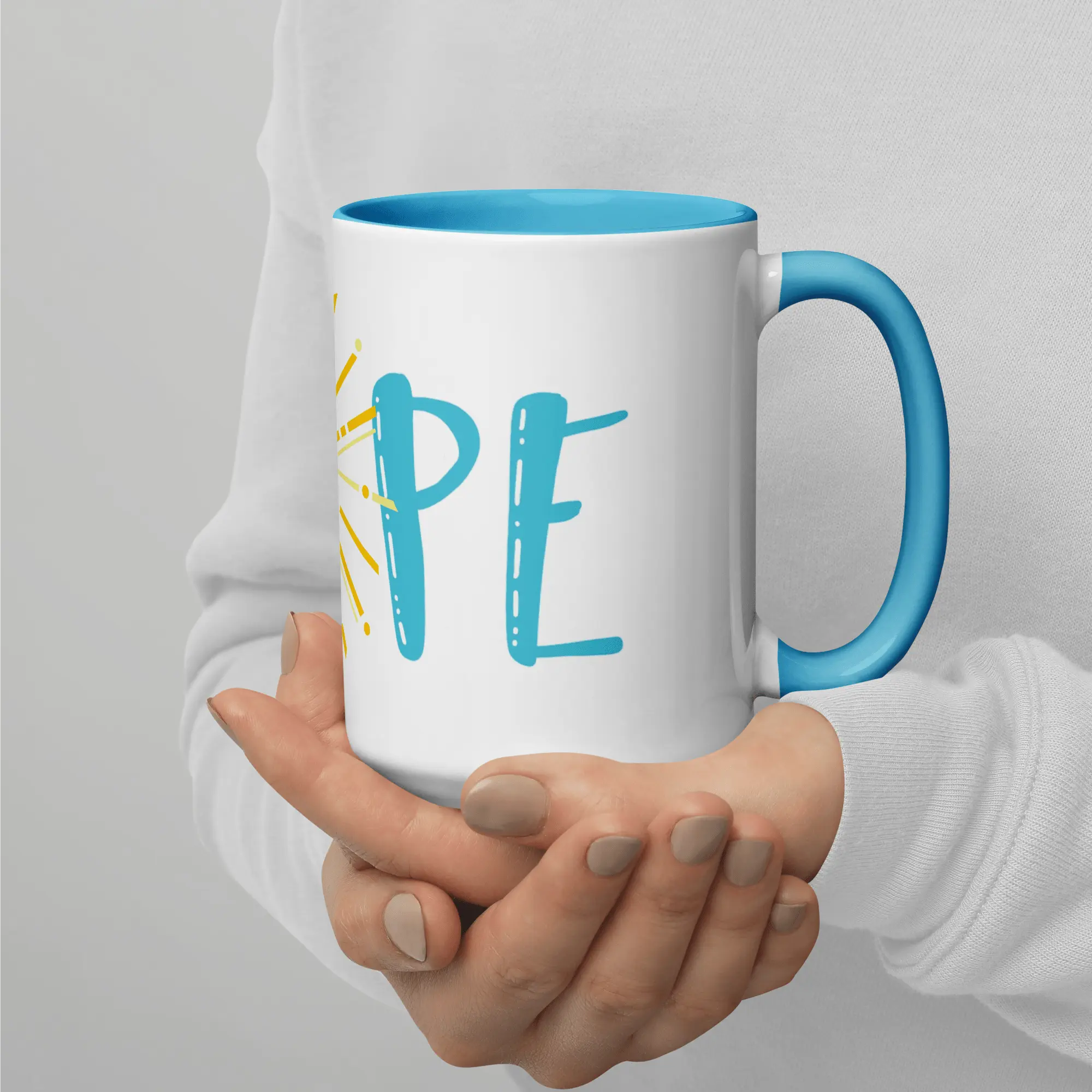 Choosing to Reset HOPE Art Ceramic Mug (15oz with blue accents – rim, inside, handle) Mission Celebrate