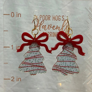 Christmas Tree Cake Earrings with Red or Green Bows by Poor Hog Customs, handmade jewelry detail photo 3