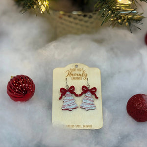 Christmas Tree Cake Earrings with Red or Green Bows by Poor Hog Customs, handmade jewelry detail photo 4