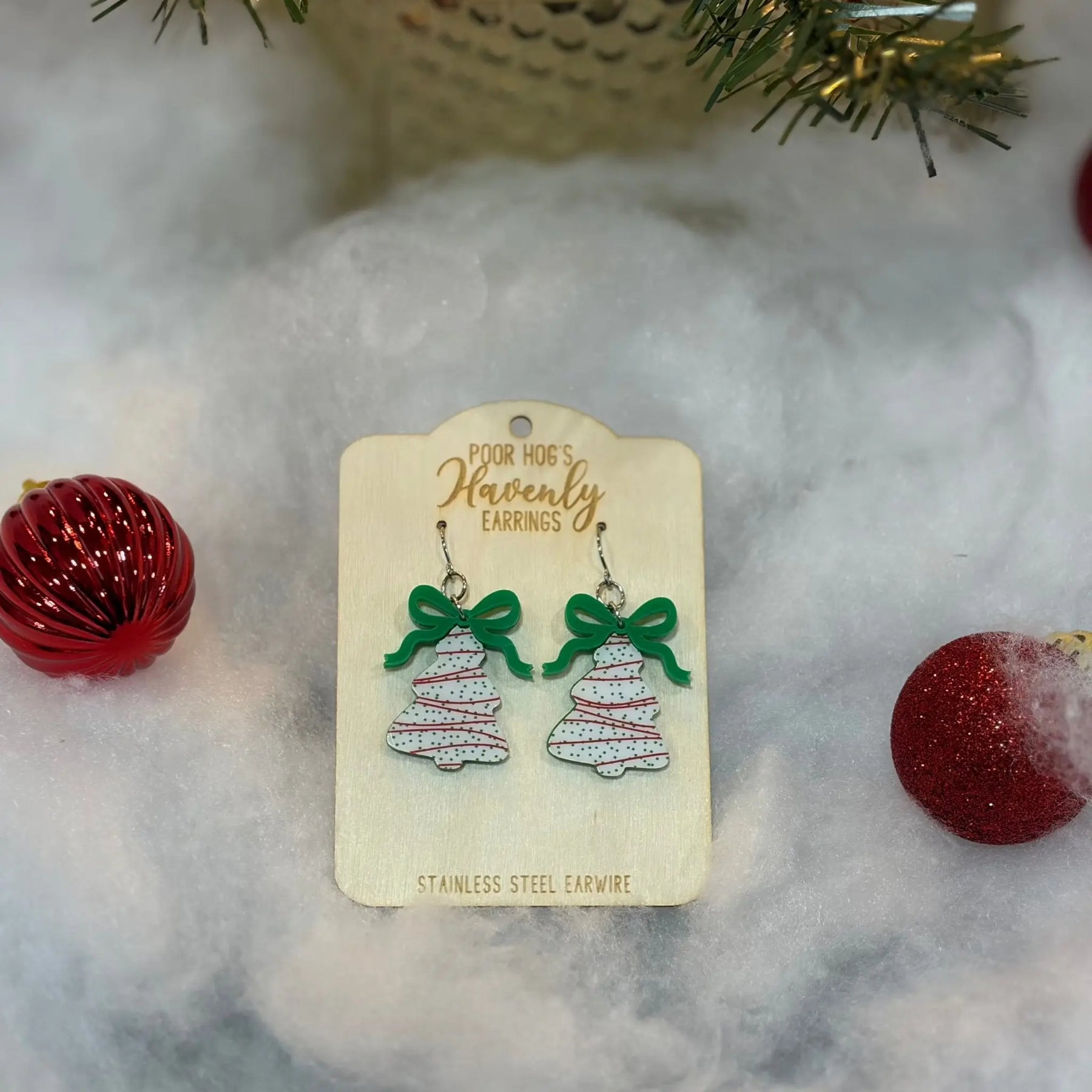 Christmas Tree Cake Earrings with Red or Green Bows by Poor Hog Customs, handmade jewelry detail photo 6
