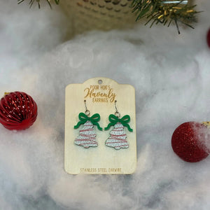 Christmas Tree Cake Earrings with Red or Green Bows by Poor Hog Customs, handmade jewelry detail photo 6