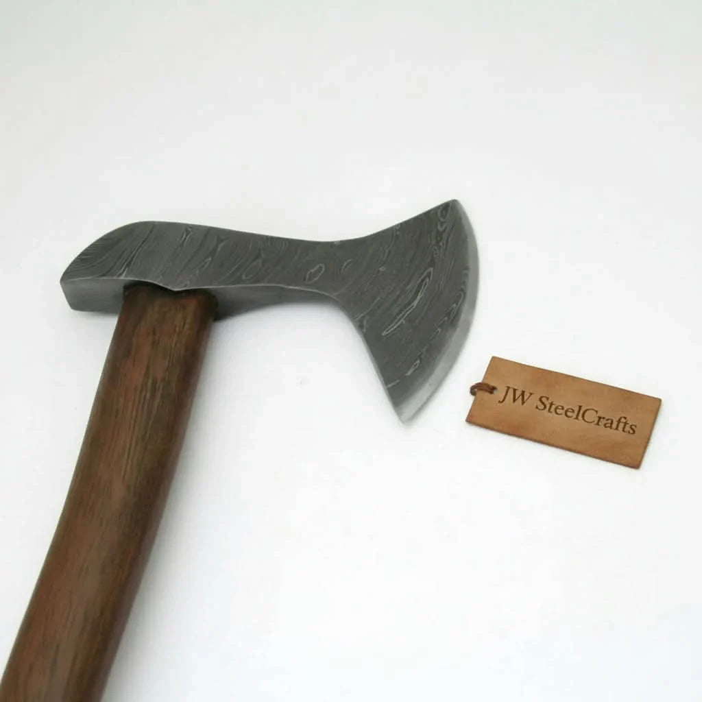 Hand Forged Damascus Steel Viking Axe – True Layered Bearded Axe with Hardwood Handle & Leather Sheath | JW SteelCrafts by JW SteelCrafts, leather knife sheath detail photo 2