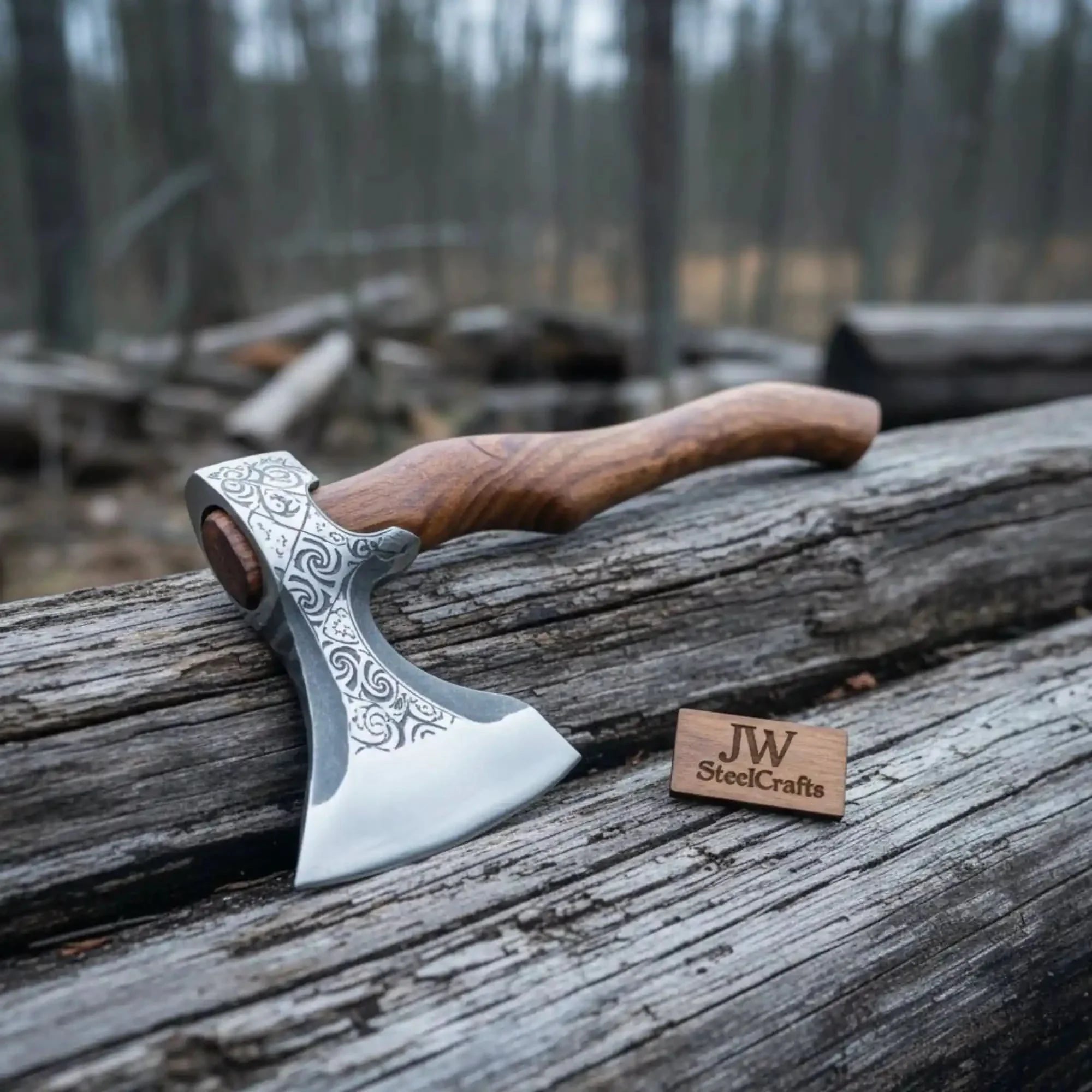 Hand-Engraved Nordic Hatchet, Polished Carbon Steel Head, Curved Hardwood Handle | JW SteelCrafts by JW SteelCrafts, Southern lifestyle apparel detail photo 2