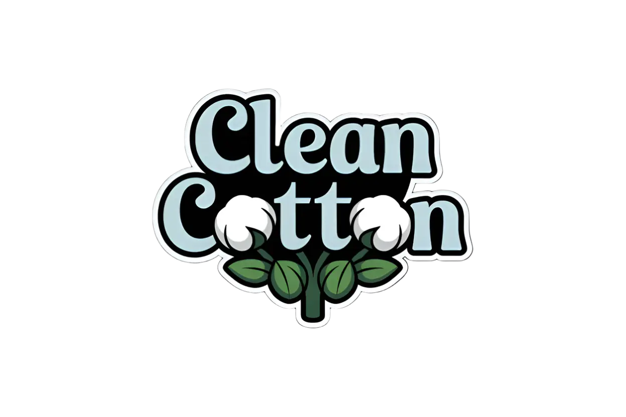Clean Cotton logo with stylized text and cotton plant graphic. Light blue and white design on a black background.