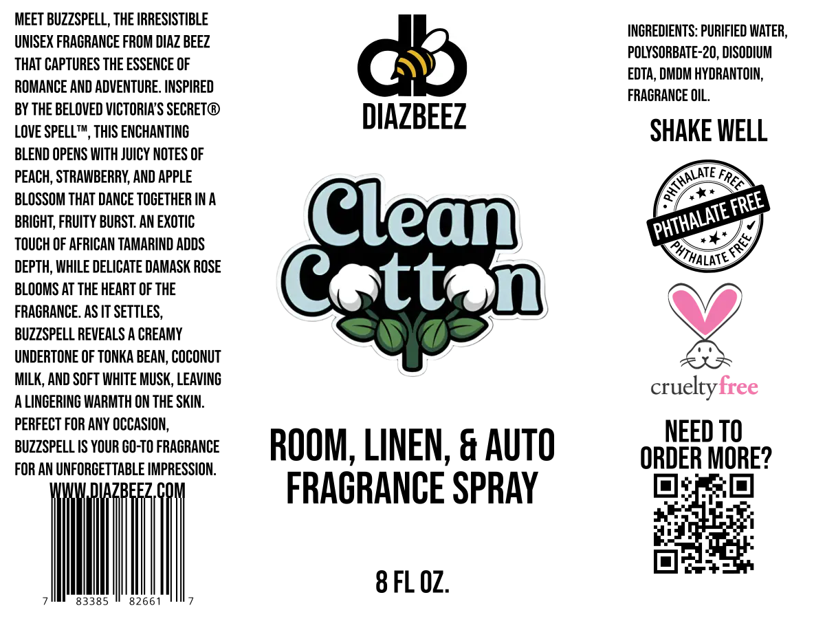 Clean Cotton fragrance spray by Diaz Beez, with bunny cruelty-free logo and Main Street Collective store name.