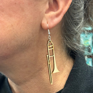 Trombone Wooden Dangle Earrings | Band Instrument Jewelry detail view by Cate's Concepts, LLC