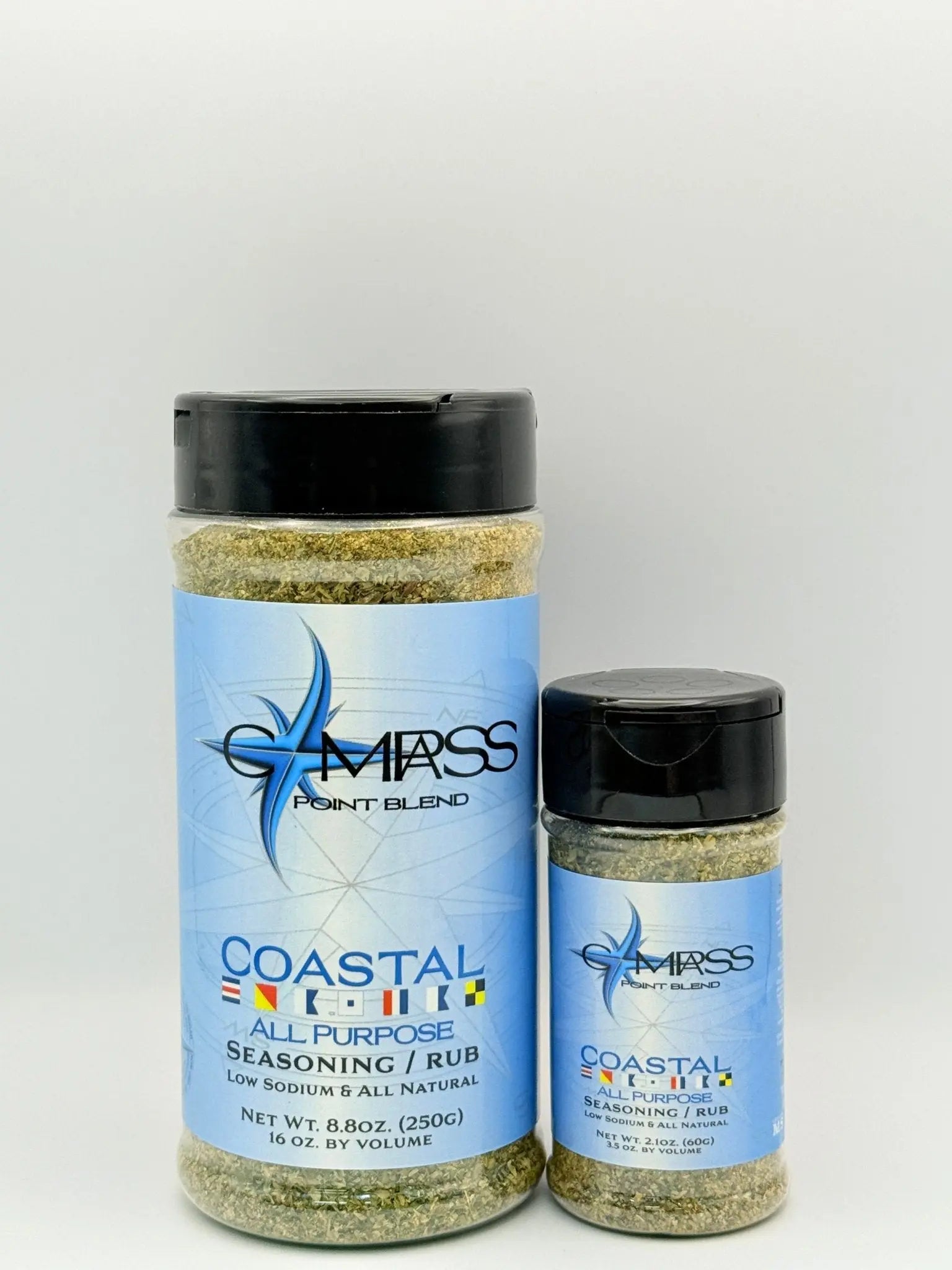 Coastal All Purpose Seasoning by Compass Point: Two sizes - a smaller bottle and a larger bottle. Low sodium seasoning for cooking.